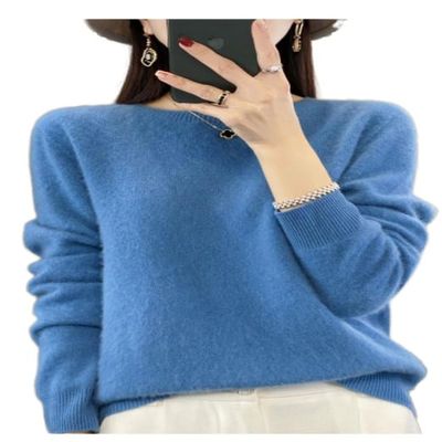 Shanghai Story 100% Merino Wool Sweater Women Fall Winter Warm Knitted Pullover Crewneck Long Sleeve Sweater Haze Blue M