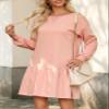 BLENCOT Mini Dress for Women 2025 Fall Winter Cute Patchwork Long Sleeve Ruffled Crewneck Sweatshirt Dresses Casual Sport Pullover Tops Pink Small view 2