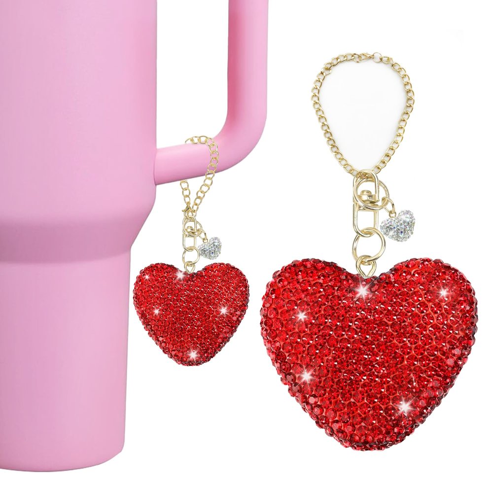Etyishe Compatible with Cup Accessories,Red Glitter Heart Charm for Cup with Handle,Bling Cute Keychain for Water Bottles 40&30 Oz Tumbler for Girls Women(Red)