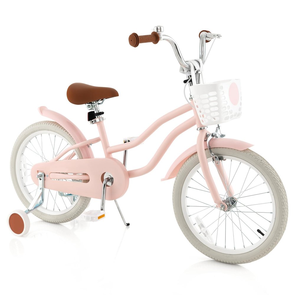 COSTWAY Kids Bike, 18 Inch Toddler Children Bike w/Kickstand, Training Wheels, Hand & Coaster Brakes, Adjustable Saddle & Handlebar, Basket, Bell, Kids Bicycle for Girls Boys Aged 3-8 Years Old, Pink