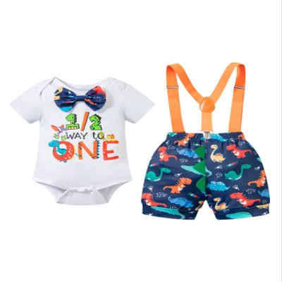 MOMMY'S NEW MAN Toddler Baby Boys 1/2 Birthday Dinosaur Cake Smash Outfit Short Sleeve Bodysuit Bloomers Adjustable Back Suspenders (6-12 Months)