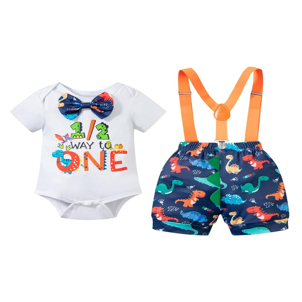 MOMMY'S NEW MAN Toddler Baby Boys 1/2 Birthday Dinosaur Cake Smash Outfit Short Sleeve Bodysuit Bloomers Adjustable Back Suspenders (6-12 Months)