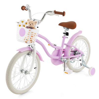 COSTWAY Kids Bike, 18 Inch Toddler Children Bike w/Kickstand, Training Wheels, Hand & Coaster Brake, Adjustable Saddle & Handlebar, Basket, Kid Bicycle for Girls Boys Aged 3-8 Years Old, Light Purple