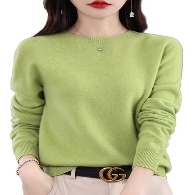 Shanghai Story 100% Merino Wool Sweater Women Fall Winter Warm Knitted Pullover Crewneck Long Sleeve Sweater Fruit Green M