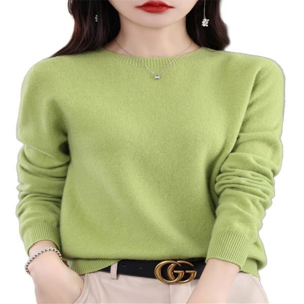 Shanghai Story 100% Merino Wool Sweater Women Fall Winter Warm Knitted Pullover Crewneck Long Sleeve Sweater Fruit Green M