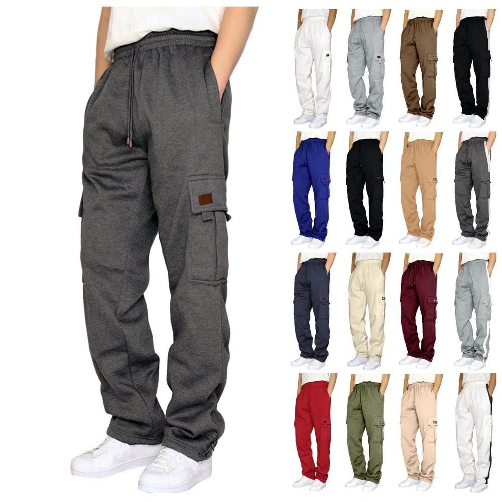 Men's Heavyweight Fleece Cargo Sweatpants Drawstring Elastic Waist Athletic Jogger Pants Baggy Workout Sport Trousers