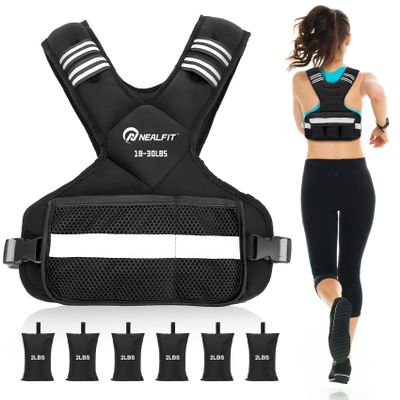 NEALFIT Weighted Vest for Women and Men, 5-10lb/11-20lb/18-30lb Adjustable Weighted Vest with Reflective Strip, Body Weight Vest for Walking, Running, Fitness, Strength Training (Black, 18-30 lbs)