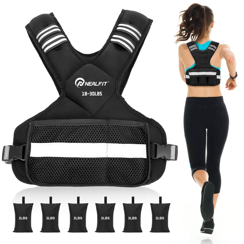 NEALFIT Weighted Vest for Women and Men, 5-10lb/11-20lb/18-30lb Adjustable Weighted Vest with Reflective Strip, Body Weight Vest for Walking, Running, Fitness, Strength Training (Black, 18-30 lbs)