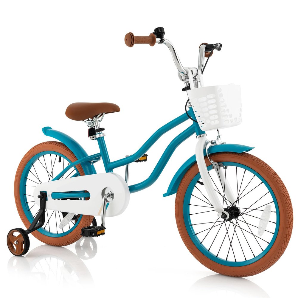 COSTWAY Kids Bike, 18 Inch Toddler Children Bike w/Kickstand, Training Wheels, Hand & Coaster Brakes, Adjustable Saddle & Handlebar, Basket, Kids Bicycle for Girls Boys Aged 3-8 Years Old, Turquoise
