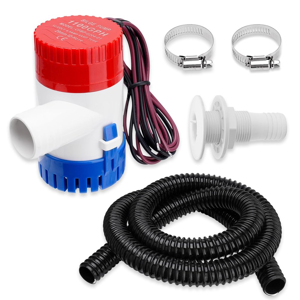 1100 GPH Boat Bilge Water Pump 12V, 1-1/8 Inch Dia Bilge Pump Plumbing Kit with 6FT Hose, 2 Clamps, Thru-Hull Fitting, Ideal for Fishing Boats, Cruisers, Runabouts, Yachts