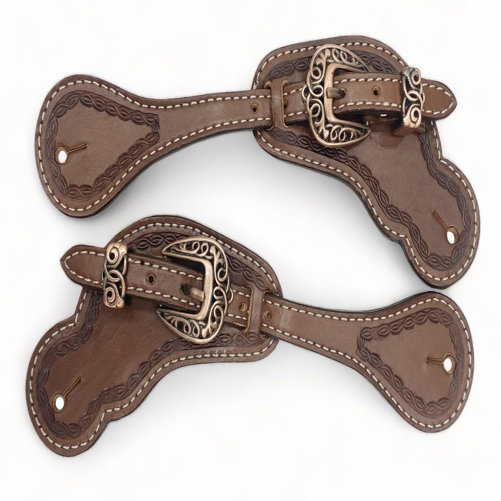 Men's Western Spur Strap Set, Tooled Leather, Dark Brown, Concho Accents, Argentina Cow Leather