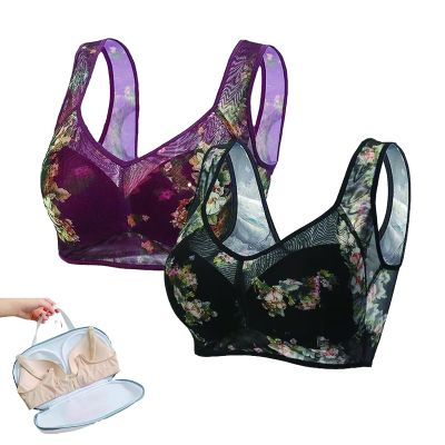 Ice Silk Lace Cooling Comfort Bra, Lace Bra, Seamless Wireless Push Up Bras for Women (Black+Purple, 3XL)