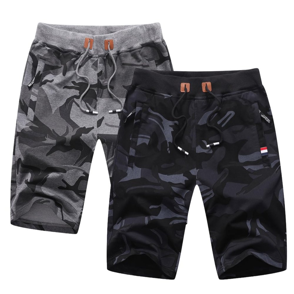 Setwell Drawstring Camouflage Sweat Shorts for Men Army Fatigue Camo Gym Workout Running Shorts with Zipper Pocket