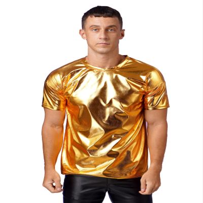 Moily Men's Metallic Shiny Short Sleeves T-Shirt Tee Blouse Dance Tops for Rave Party Disco Nightclub Gold Medium