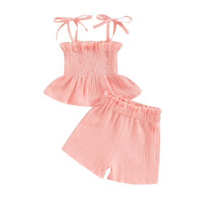 6M-5T Baby Girls Summer Clothes Cotton Linen Camisole Tank Dress Shirt Tops Shorts Pants Infant Toddler Summer Outfits (Pink shorts, 18-24 Months)