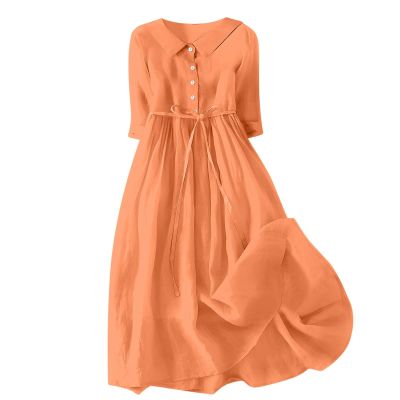 2024 Women Dresses Casual Button Cotton Linen 3/4 Sleeve Midi Dress Flowy Pleated Tie Waist Travel Vacation Outfits