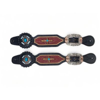MOUSM Western Women Spur Strap Set with Turquoise Stone and Engraved Leaves Inlay
