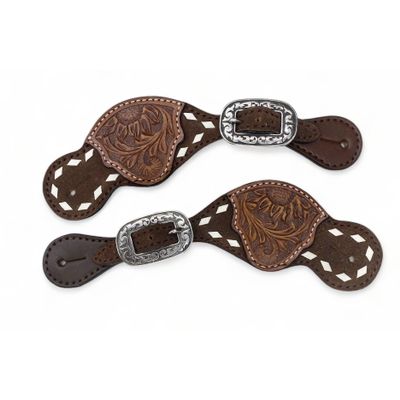MOUSM Western Women Spur Strap Set with Hand Tooled Craft, Braiding, and White Buck Stitching