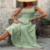 utcoco Smocked Sundress for Women Summer Vacation Sleeveless Squark Neck Flowy Tiered Ruffle Long Maxi Dress (Small, Green) view 2
