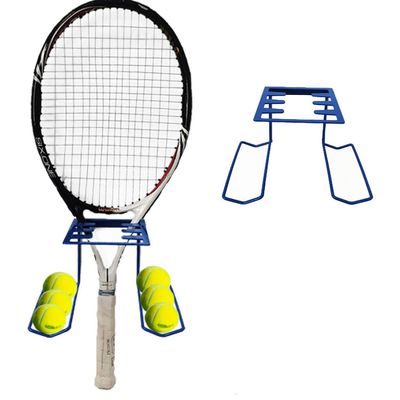 Tennis Racket Holder, Wall Mounted Metal Tennis Racket Holder for Heavy-Duty Steel Hanging Tennis Paddle Badminton Racket Holder Holds 6 Balls 4 Racquets Colour of Blue