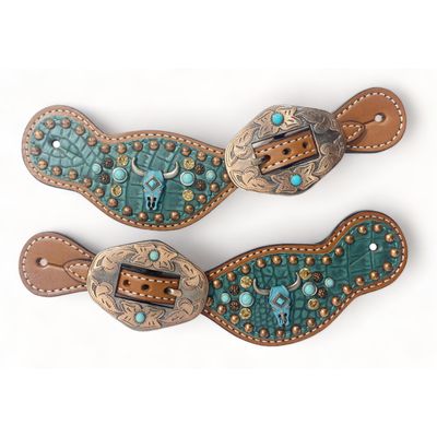 MOUSM Western Women Spur Strap Set decorated with 3D Bull Head & Bead Decor on Alligator Look Leather