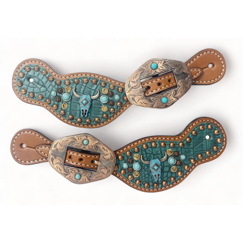 MOUSM Western Women Spur Strap Set decorated with 3D Bull Head & Bead Decor on Alligator Look Leather