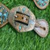 MOUSM Western Women Spur Strap Set decorated with 3D Bull Head & Bead Decor on Alligator Look Leather view 4