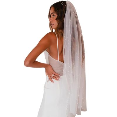 Bmirth Bridal Wedding Veils Long Pearl Veil 1T White Bridal Veil for Wedding Hair Accessories (Pearl Bridal Veil)
