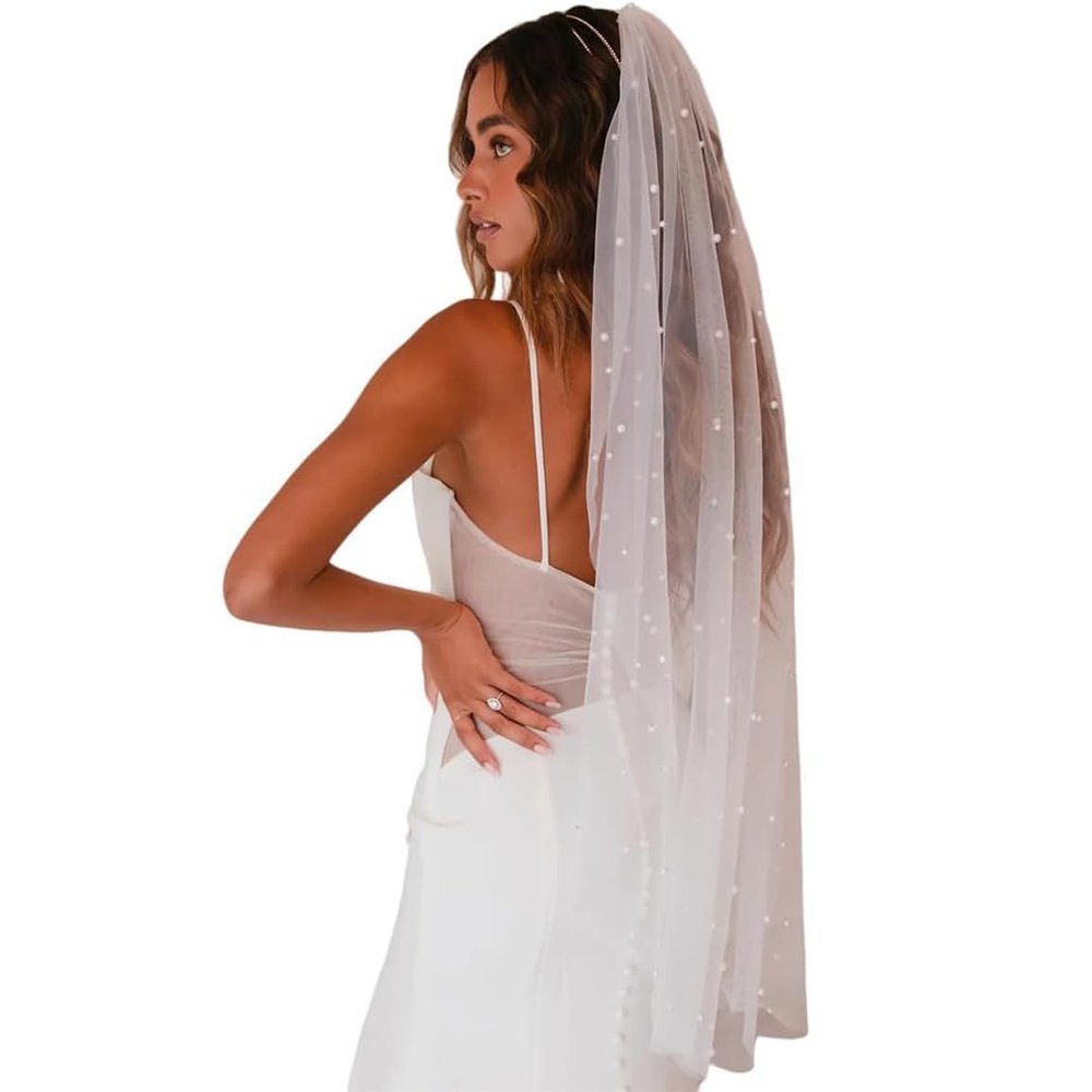 Bmirth Bridal Wedding Veils Long Pearl Veil 1T White Bridal Veil for Wedding Hair Accessories (Pearl Bridal Veil)