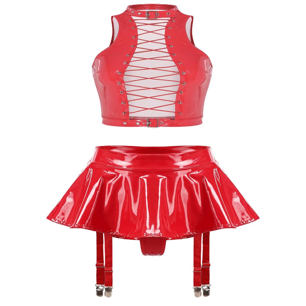 TiaoBug Women's Two Piece Glossy Latex Lingerie Set Front Cutout Crop Top and Flared Mini Skirt Red XX-Large