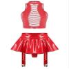 TiaoBug Women's Two Piece Glossy Latex Lingerie Set Front Cutout Crop Top and Flared Mini Skirt Red XX-Large view 1