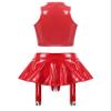 TiaoBug Women's Two Piece Glossy Latex Lingerie Set Front Cutout Crop Top and Flared Mini Skirt Red XX-Large view 2