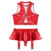 TiaoBug Women's Two Piece Glossy Latex Lingerie Set Front Cutout Crop Top and Flared Mini Skirt Red XX-Large view 3