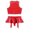 TiaoBug Women's Two Piece Glossy Latex Lingerie Set Front Cutout Crop Top and Flared Mini Skirt Red XX-Large view 4
