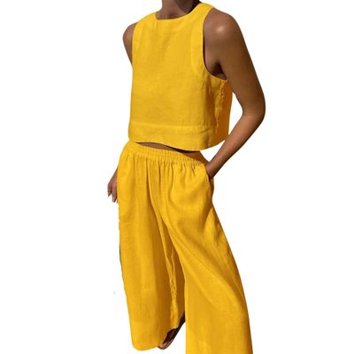 Women Linen Set Casual 2 Piece Outfits Matching Set Summer Solid Color Sleeveless Crop Top Wide Leg Pants Suits