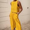 Women Linen Set Casual 2 Piece Outfits Matching Set Summer Solid Color Sleeveless Crop Top Wide Leg Pants Suits view 2