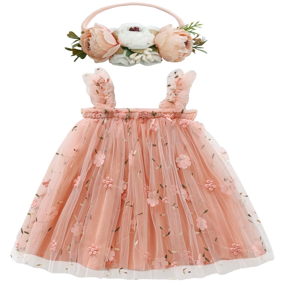 BGFKS Layered Tulle Tutu Dress for Toddler Girls,Baby Girl Rainbow Tutu Princess Skirt Set with Flower Headband.(Flower Orange Pink,5-6 Years)