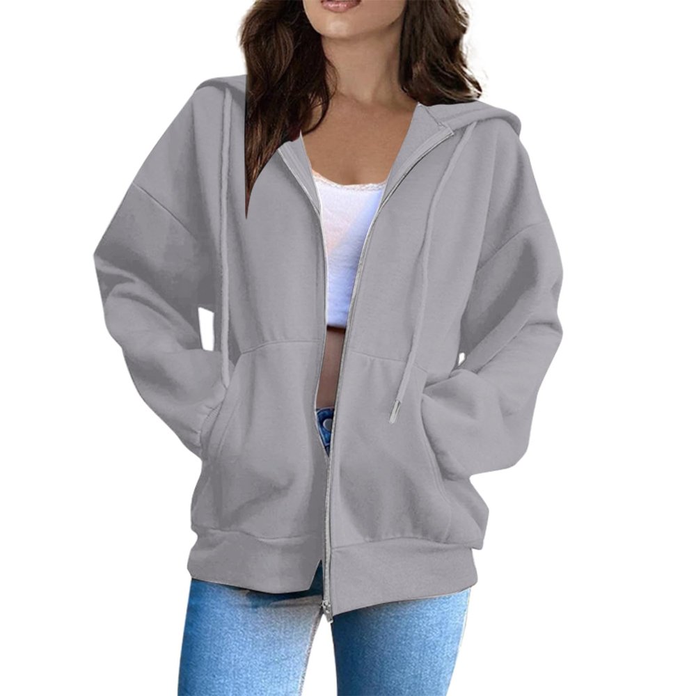Lightweight Cotton Jacket - Women's Summer & Fall Fashion Zip Hoodies - Grey Full Zip Up Hoodie