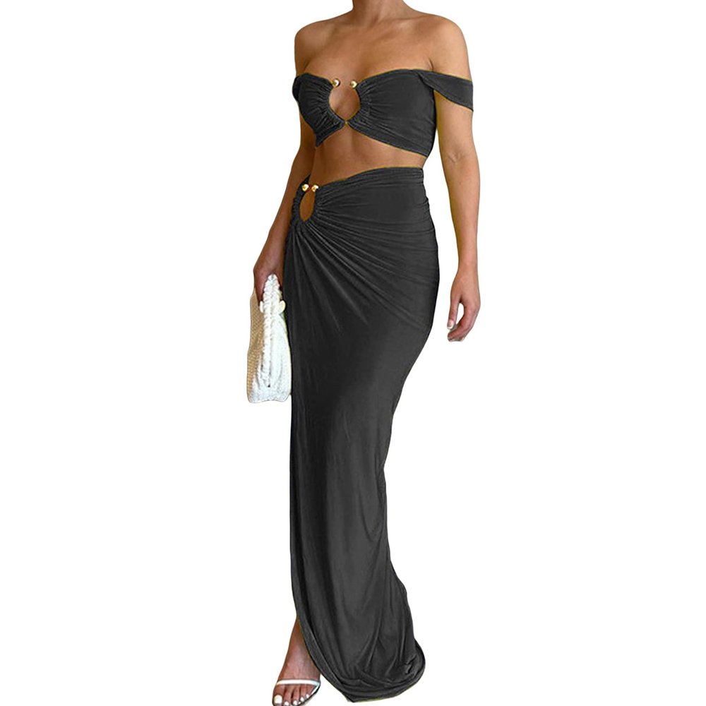 BOLLEY JOSS Women's Sexy 2 Piece Maxi Skirt Sets O-Ring Hollow Out Off Shoulder Crop Top High Slit Long Dress Set Coverup Black