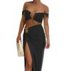 BOLLEY JOSS Women's Sexy 2 Piece Maxi Skirt Sets O-Ring Hollow Out Off Shoulder Crop Top High Slit Long Dress Set Coverup Black view 2