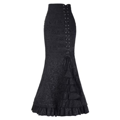 Women's Victorian Skirts Vintage High Waist Steampunk Long Fishtail Tiered Ruffle Mermaid Maxi Pencil Dress Printing Black S