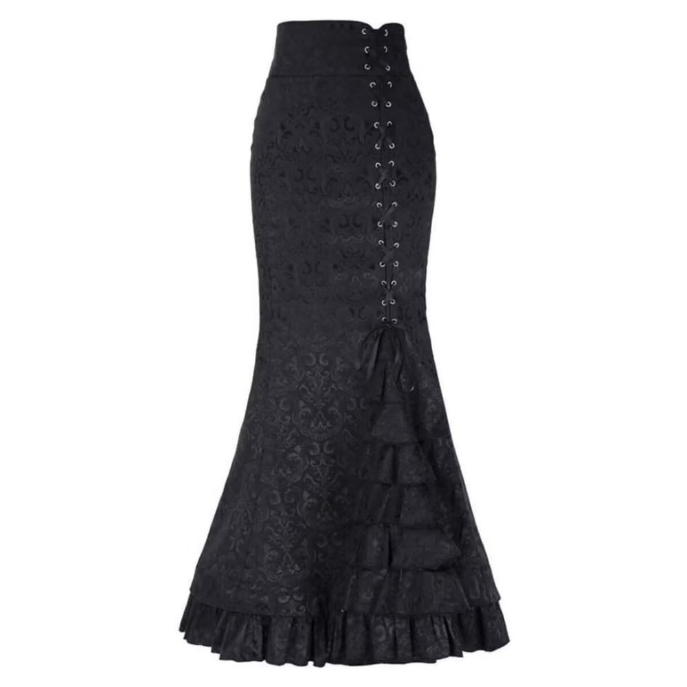 Women's Victorian Skirts Vintage High Waist Steampunk Long Fishtail Tiered Ruffle Mermaid Maxi Pencil Dress Printing Black S