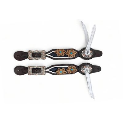 MOUSM Western Women Spur Strap Set Decorated with Engraved Flowers, Turquoise Stones, and White Leather Fringe at Corner Concho