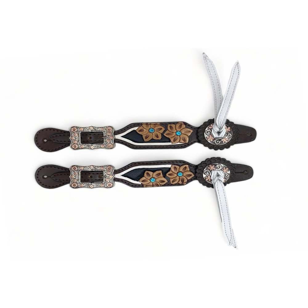 MOUSM Western Women Spur Strap Set Decorated with Engraved Flowers, Turquoise Stones, and White Leather Fringe at Corner Concho