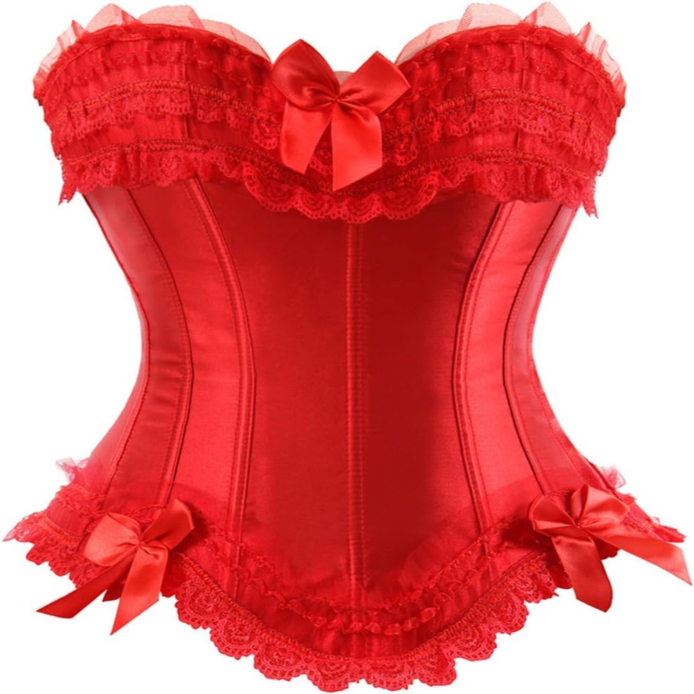 ADELCE Women's Lace Up Boned Overbust Corset Bustier Overbust Bows Corsets Red L