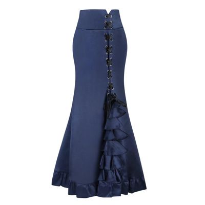 Women's Victorian Skirts Vintage High Waist Steampunk Long Fishtail Tiered Ruffle Mermaid Maxi Pencil Dress Solid Blue XXL