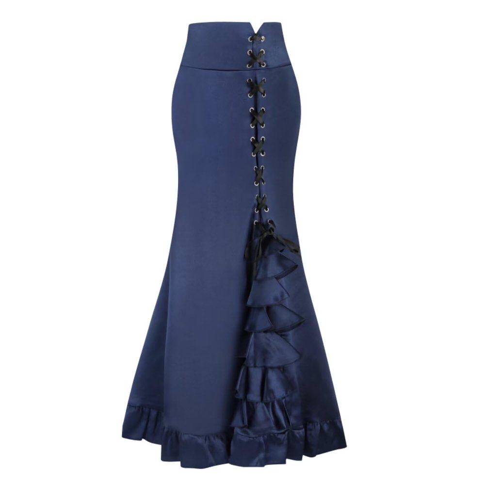 Women's Victorian Skirts Vintage High Waist Steampunk Long Fishtail Tiered Ruffle Mermaid Maxi Pencil Dress Solid Blue XXL