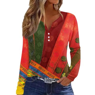 2025 Womens Tops Dressy Causal Fall Long Sleeve Shirts Fashion V Neck Plus Size Loose Fit Tunic Blouses Cute Button Down Graphic Tees Western Clothes (F Red, Medium)