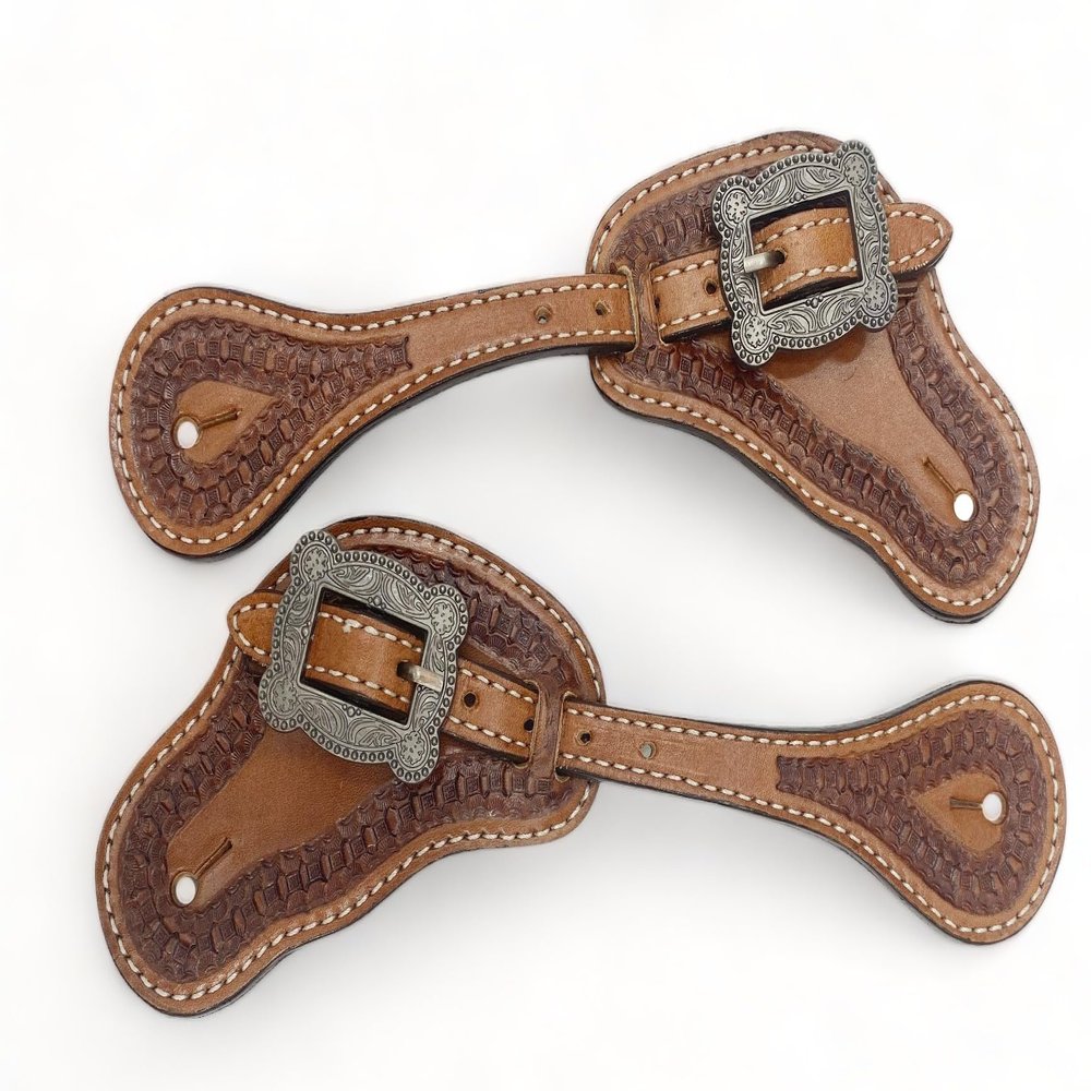 Men's Western Spur Strap Set with Engraved Tooling, Sobriety Design, and Inlay Accents