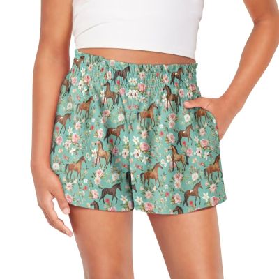Epaihaiy Floral Horse Girls Athletic Shorts Size 11-12 Flowy Beach Shorts Gym Workout Sport Shorts Kids Casual Activewear High Waisted Girls' Board Shorts with Pocket